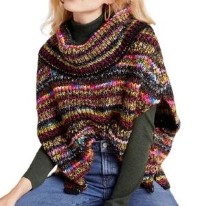 ANTHROPOLOGIE Piera Multicolor Bohemian Chunky Knit  Sweater Cape Poncho Sz M/L